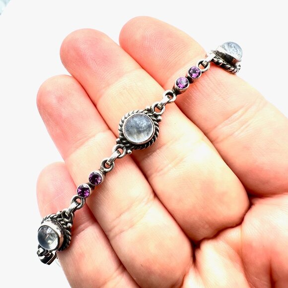 Purple Amethyst & Moonstone Gemstone Sterling Silver Bracelet 7 Inch 13 Grams - Picture 6 of 6